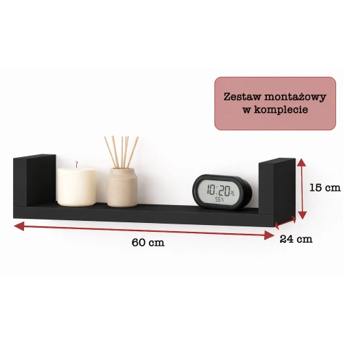 Półka Ścienna Wisząca 60 cm P1-60 CZarna Zestaw 3 szt do Salonu, Sypialni